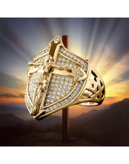 Golden Jesus Cross Shield Men's Ring