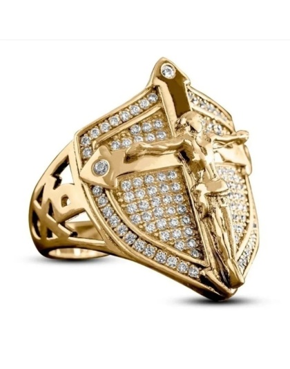 Golden Jesus Cross Shield Men's Ring